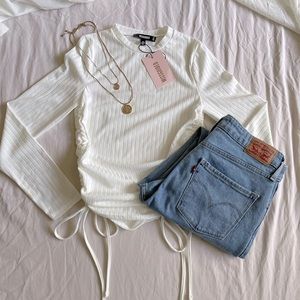 Missguided White Ruched Long Sleeve Top
